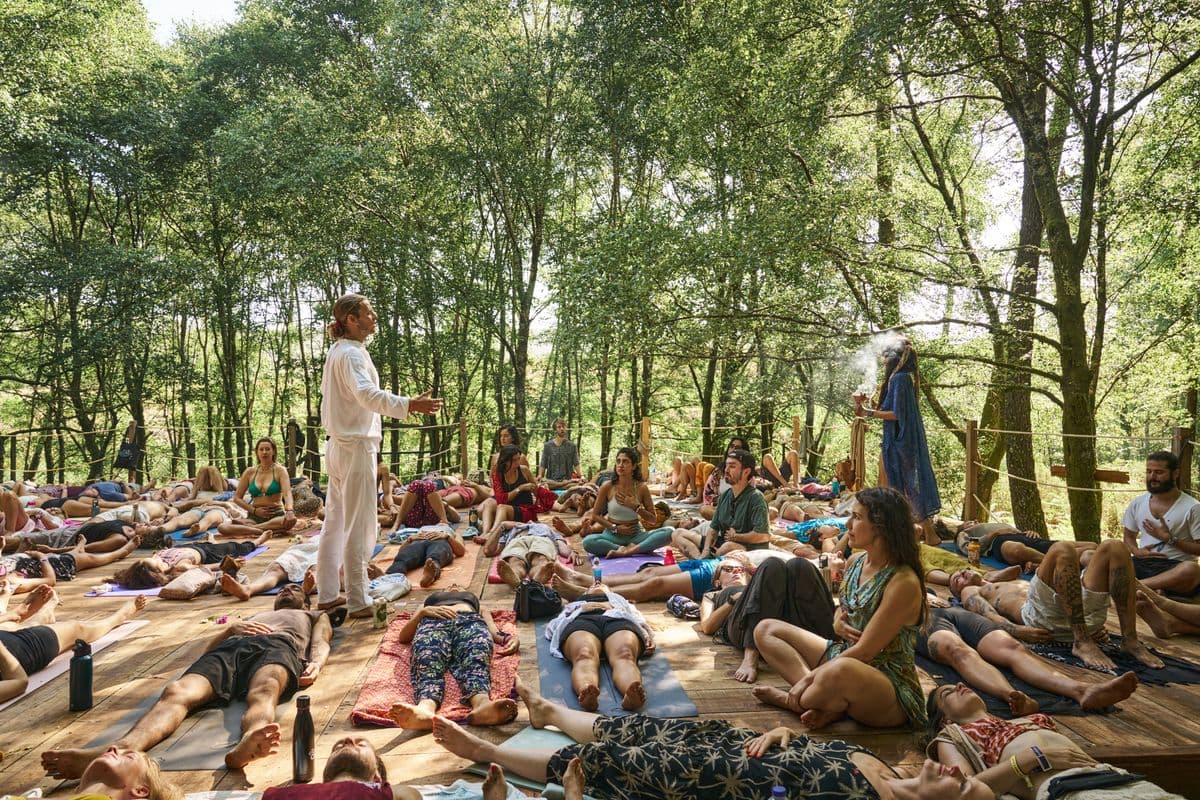 Group breathwork in a Portuguese forest