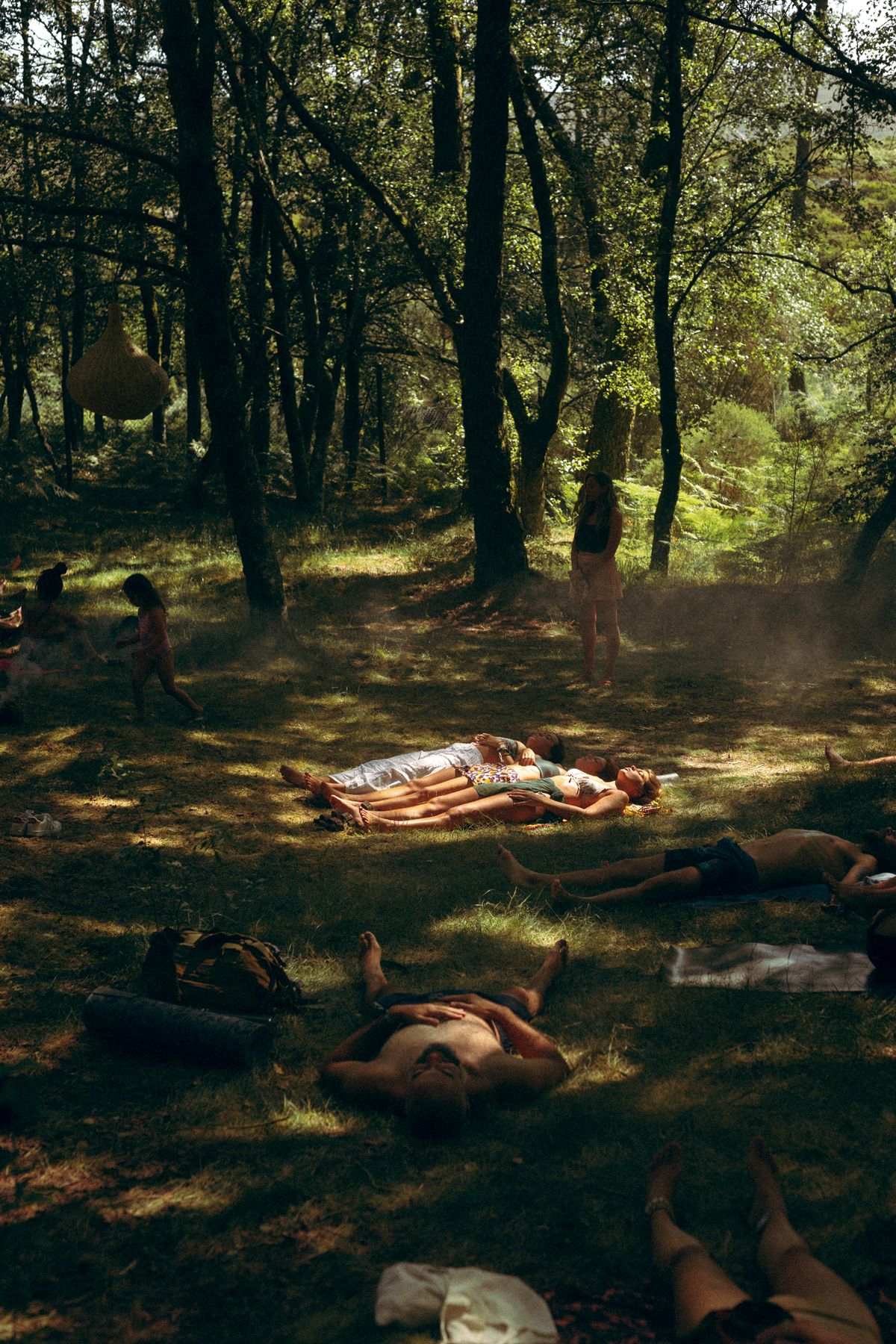 People lying on the forest floor during breathwork, sunlight filtering through trees, Goat 2023